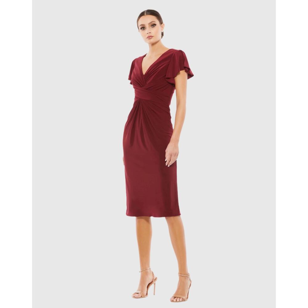 Mac Duggal Flounce Short Sleeve V-Neck Wine Red Midi Dress Size 2